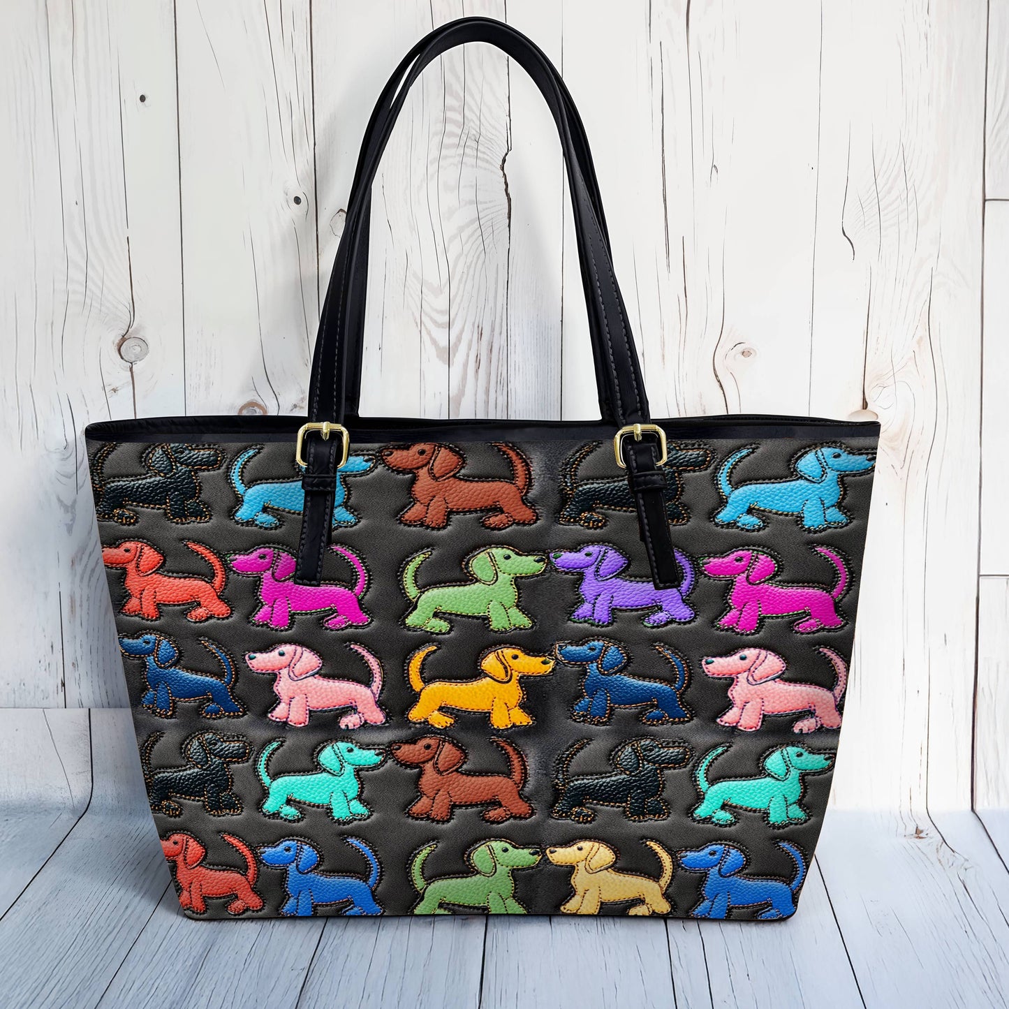 Lorva Dachshund Leather Tote Bag Colorful