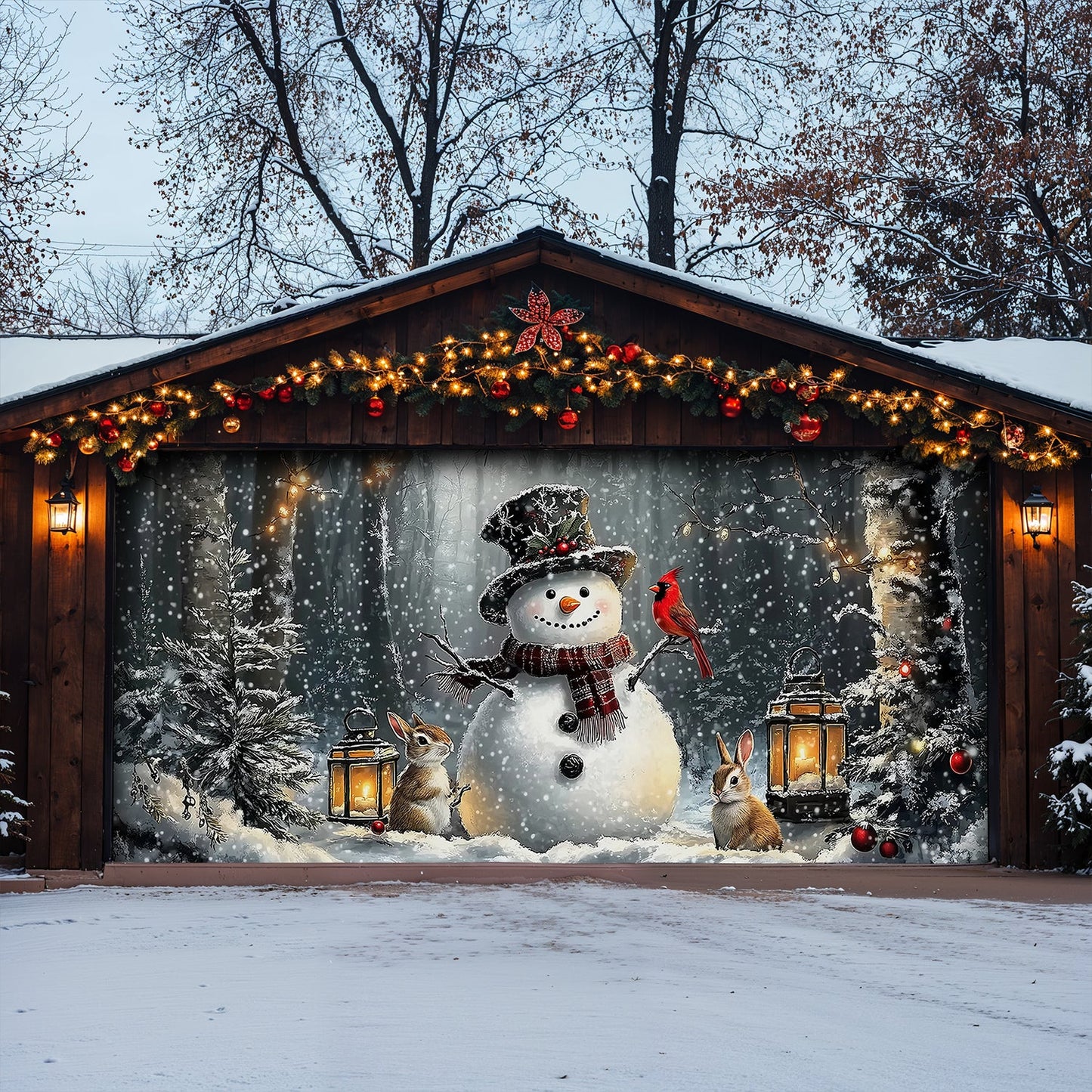 Lorva Garage Door Banner Decoration Winter Forest Snowman Gathering with Bunnies and Cardinals
