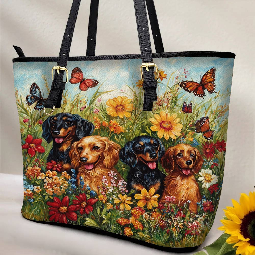 Lorva Leather Tote Bag Beautiful Flowers Dachshund