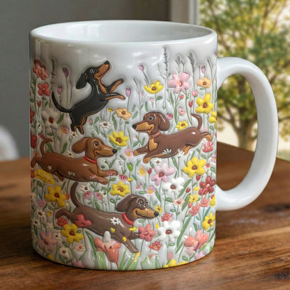 Lorva Flat Print Mug Puffy Happy Dachshunds In Flower Garden