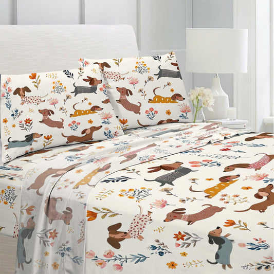 Lorva 4-Piece Bed Sheet Set Cute Floral Dachshunds