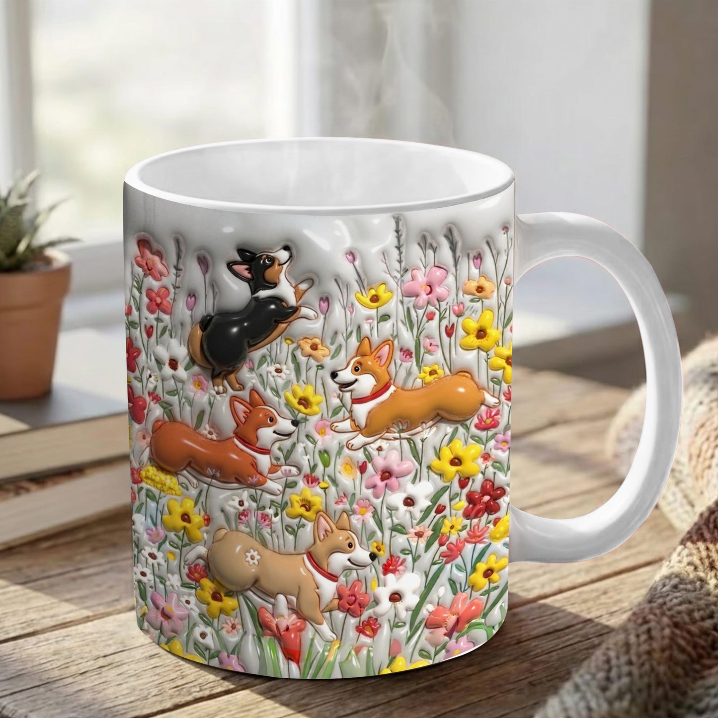 Lorva  Flat Print Mug Puffy Happy Corgi In Flower Garden