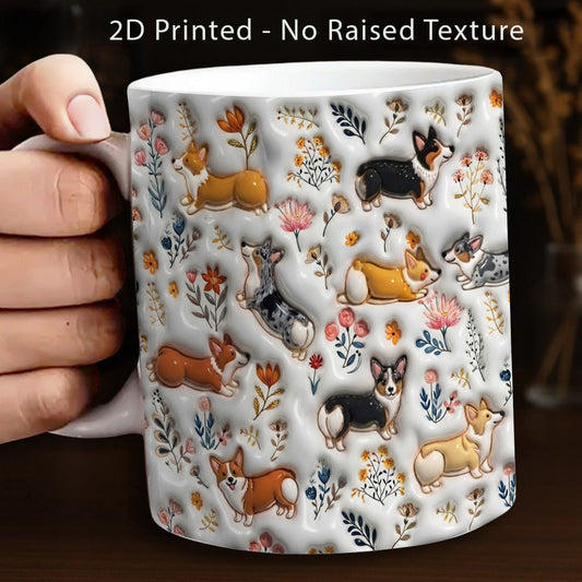 Lorva Corgi Flat Print Mug Happy Field Flowers