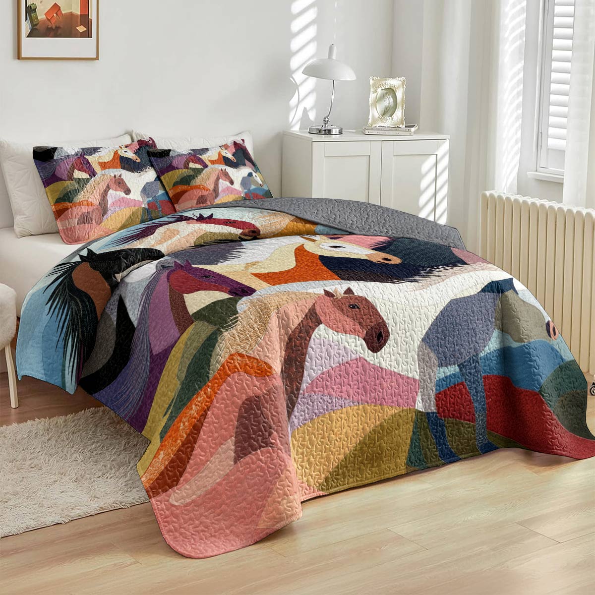 Lorva All Season Quilt 3-Piece Set Colorful Horses