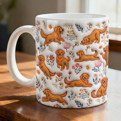 Lorva Red Golden Retriever Flat Print Mug Happy Field Flowers