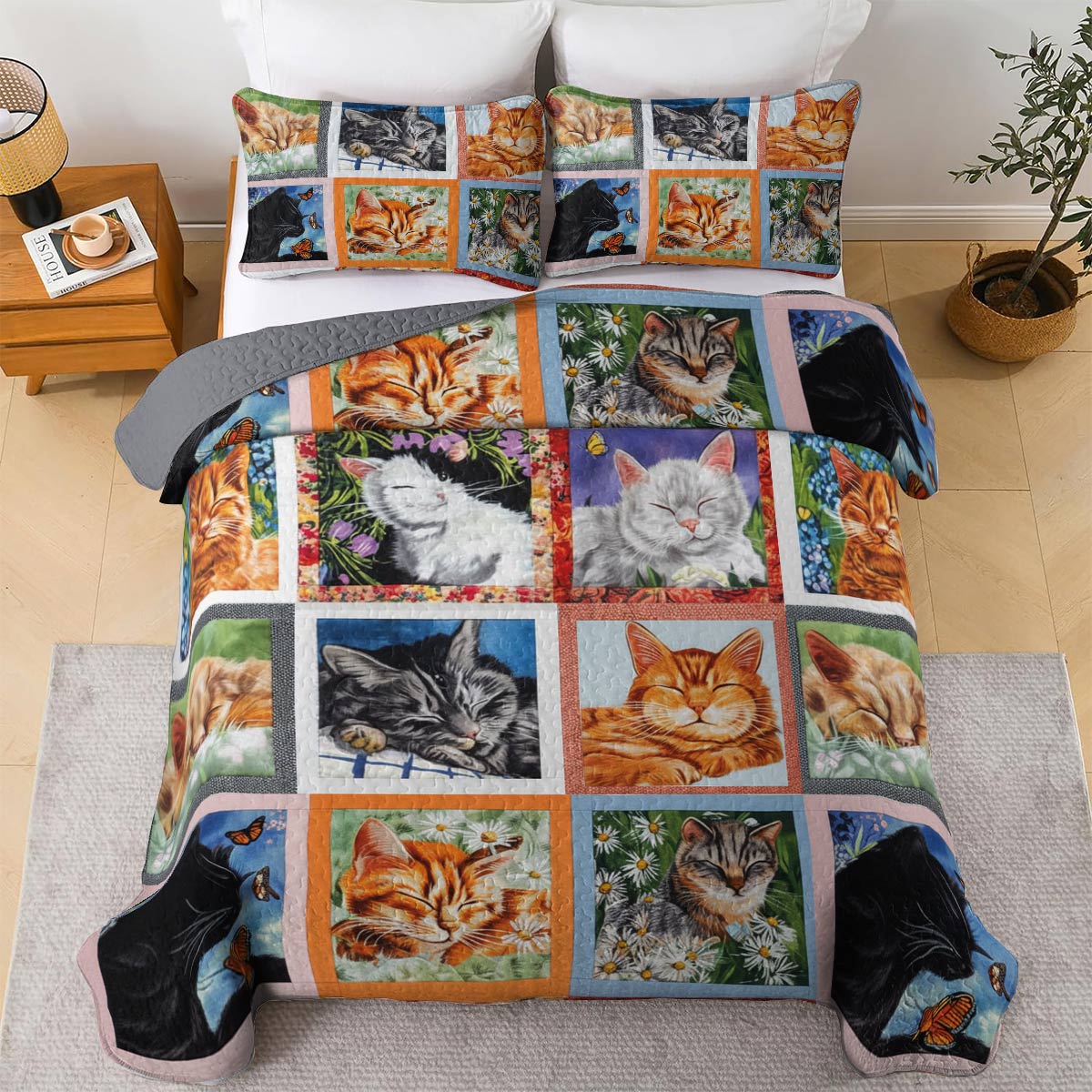Lorva All Season Quilt 3-Piece Set Dreaming Kittens Garden