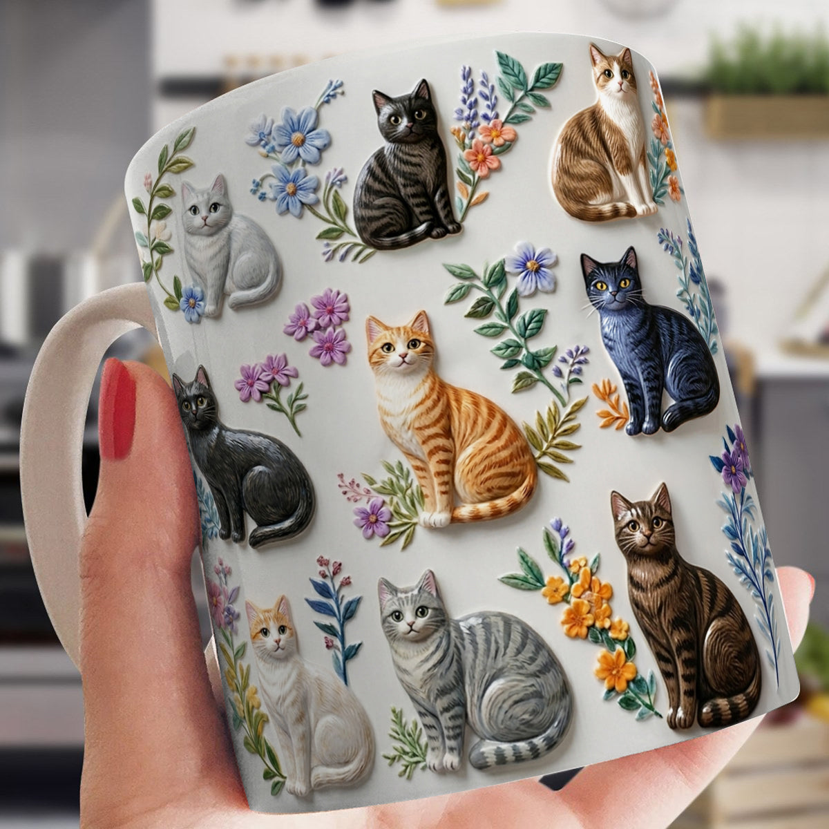 Lorva Flat Print Mug Charming Floral Cats
