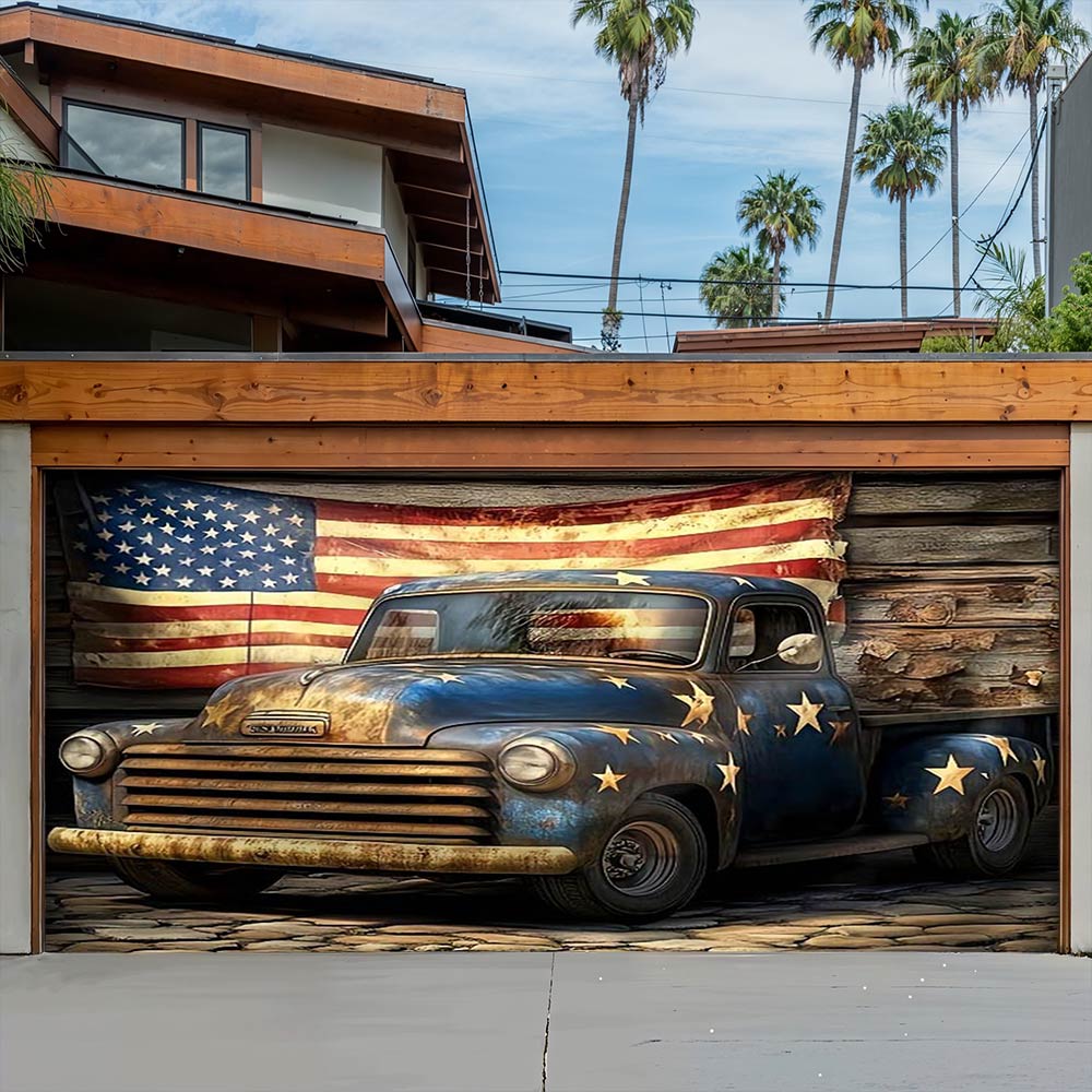 Lorva Patriotic Garage Door Banner Decoration Rustic Truck