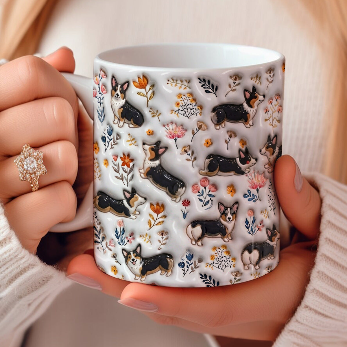 Lorva Corgi Flat Print Mug Joyful Field Flowers
