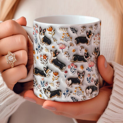 Lorva Corgi Flat Print Mug Joyful Field Flowers