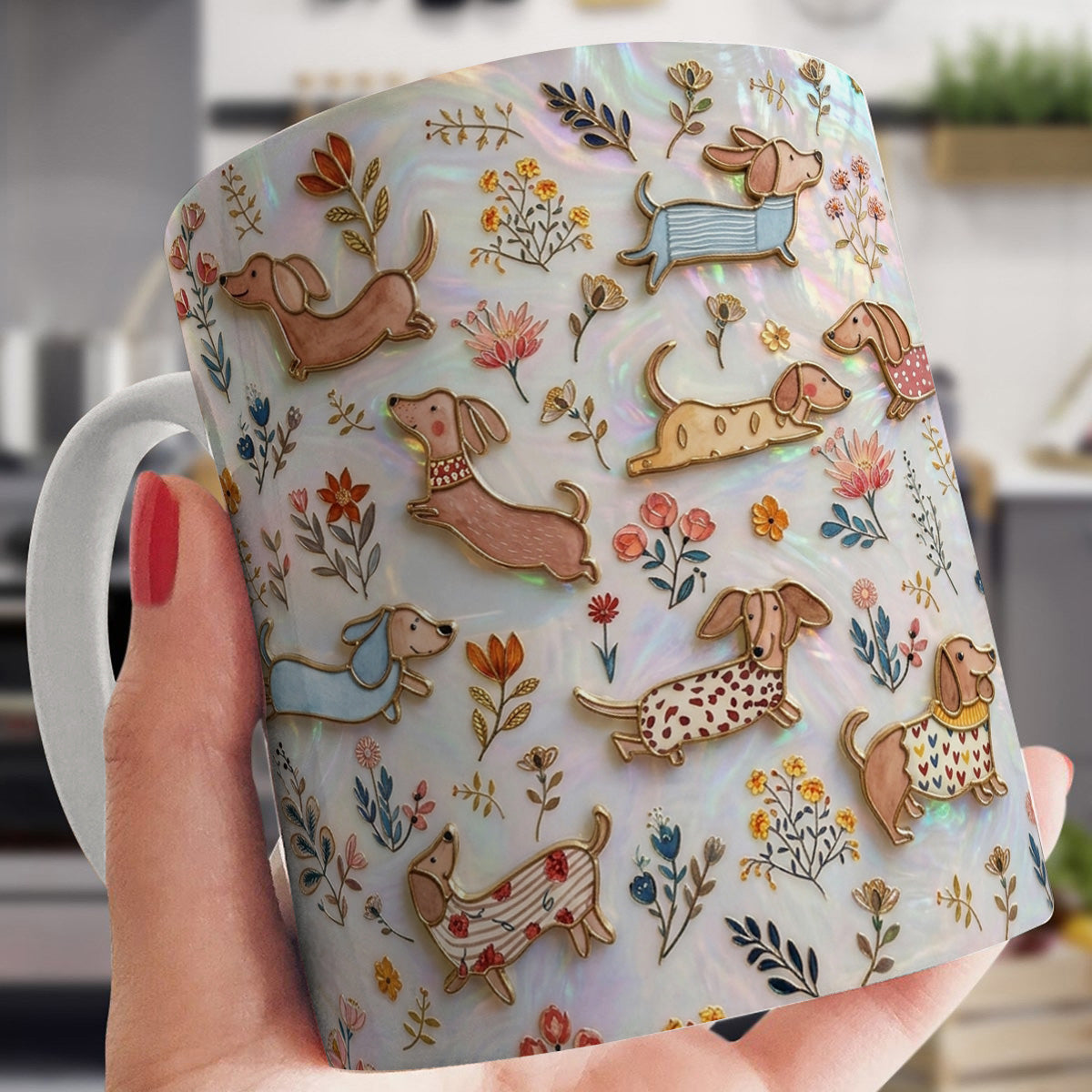 Lorva Flat Print Mug Cute Floral Dachshunds