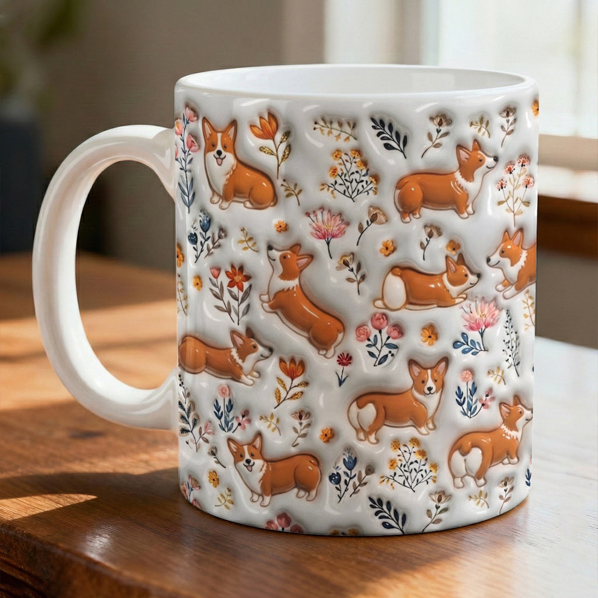 Lorva Corgi Flat Print Mug Field Flowers Lovely