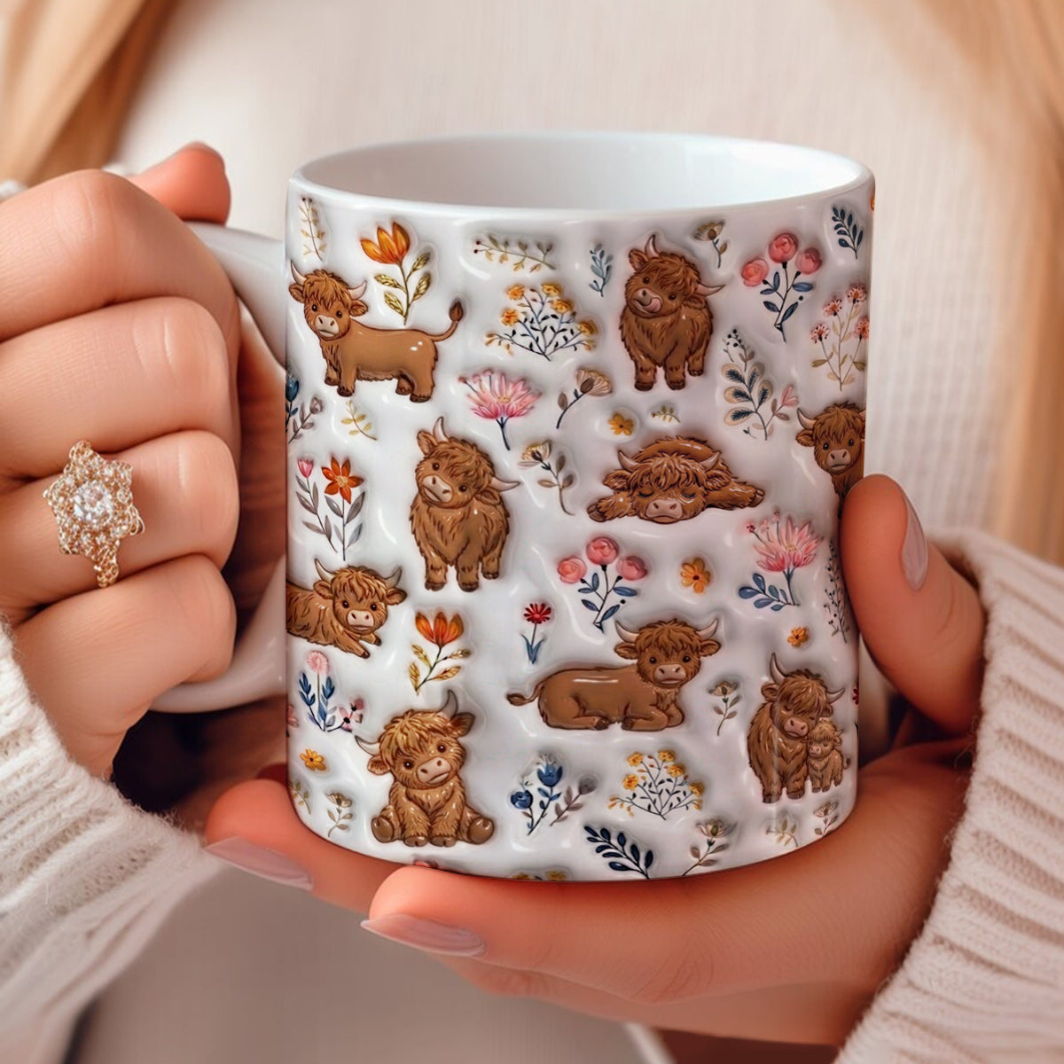 Lorva Highland Cow Flat Print Mug Happy Field Flowers