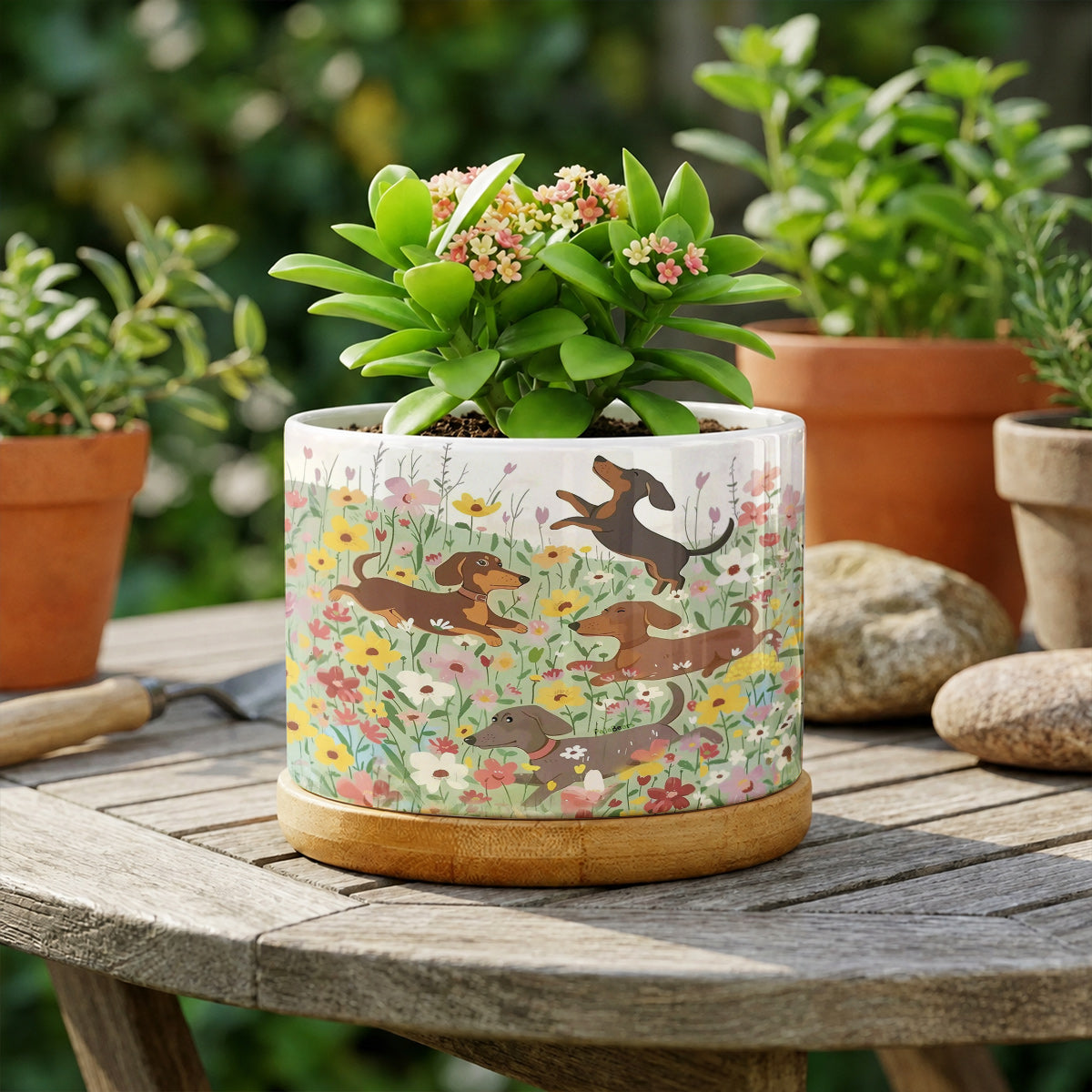 Lorva Dachshund Ceramic Plant Pot Happy Dachshunds In Flower Garden