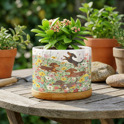 Lorva Dachshund Ceramic Plant Pot Happy Dachshunds In Flower Garden