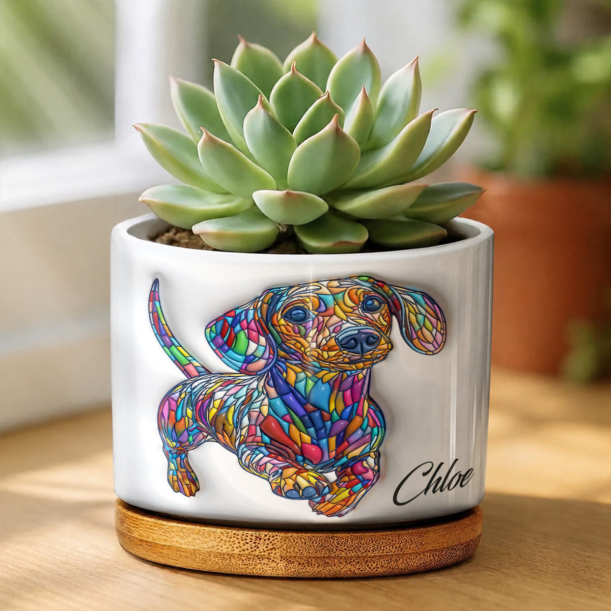 Lorva Dachshund Personalized Flat Print Ceramic Plant Pot Happy