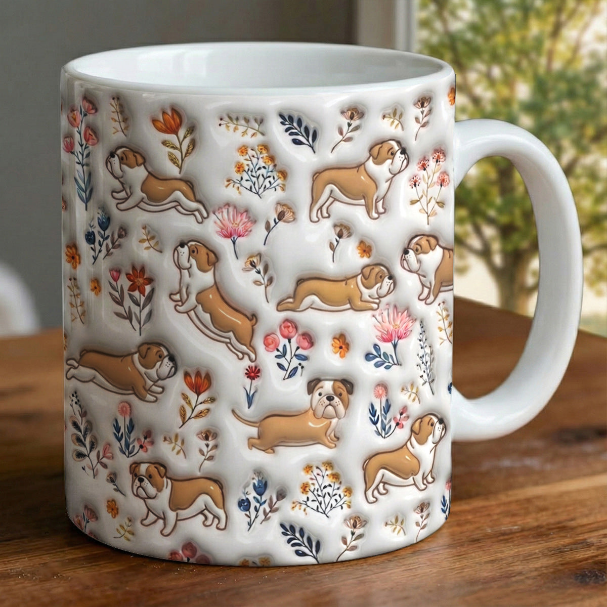 Lorva English Bulldog Flat Print Mug Happy Field Flowers
