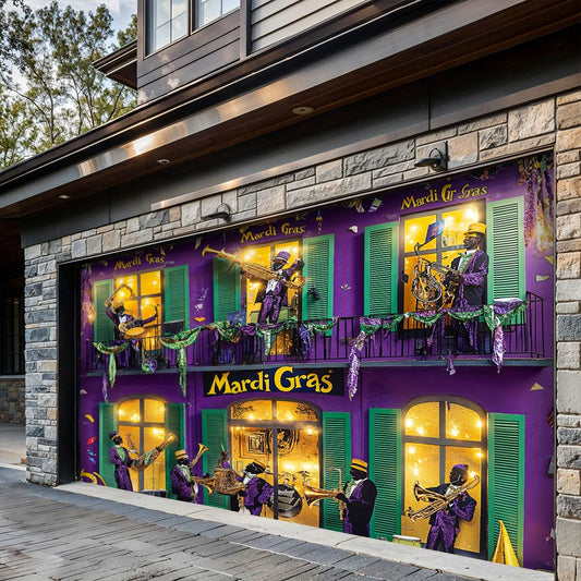 Lorva Garage Door Banner Decoration Mardi Gras Jazz Balcony