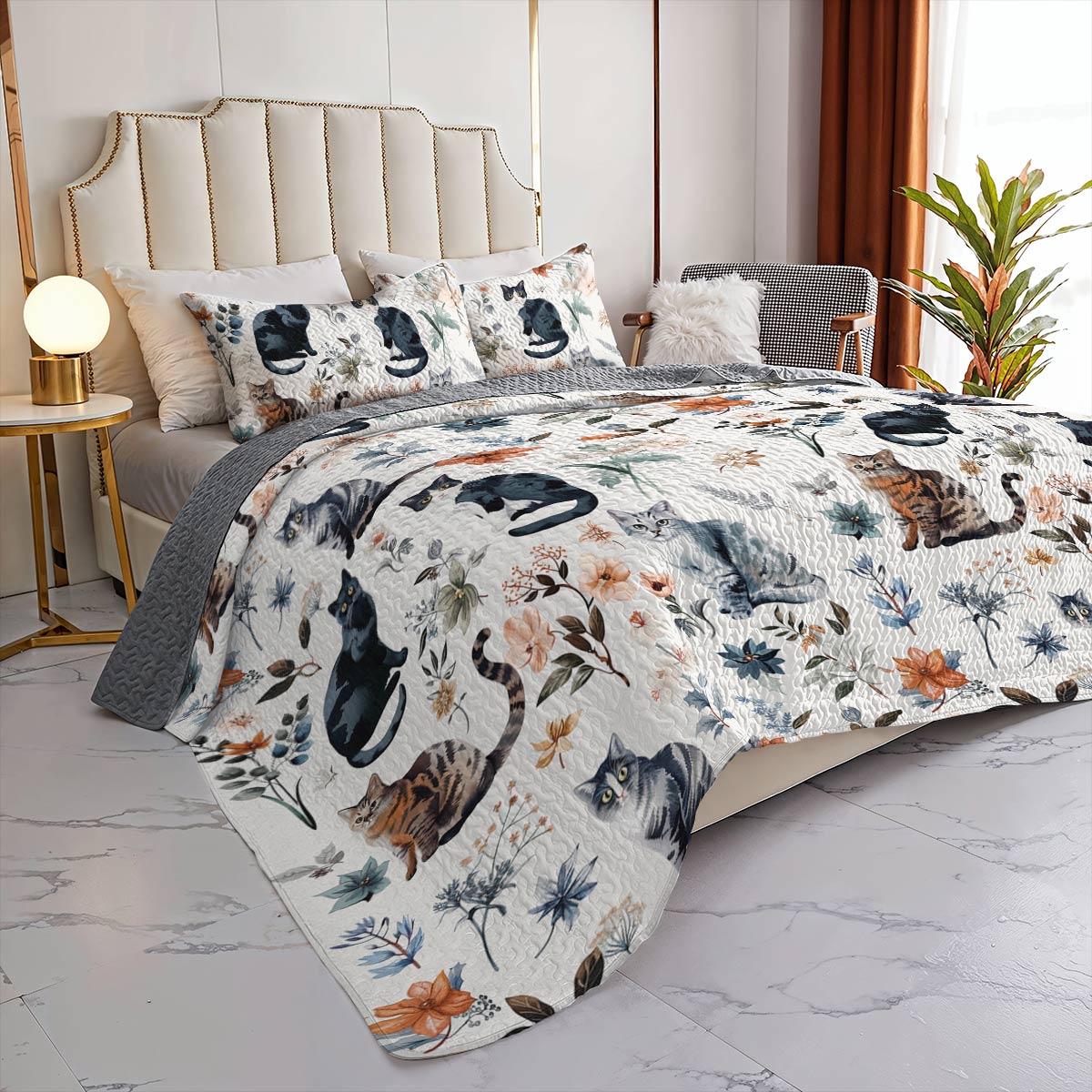 Lorva All Season Quilt 3-Piece Set Beautiful Floral Cats