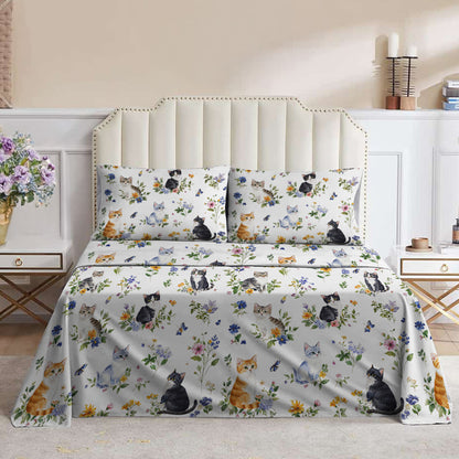 Lorva 4-Piece Bed Sheet Set Sweet Floral Cats