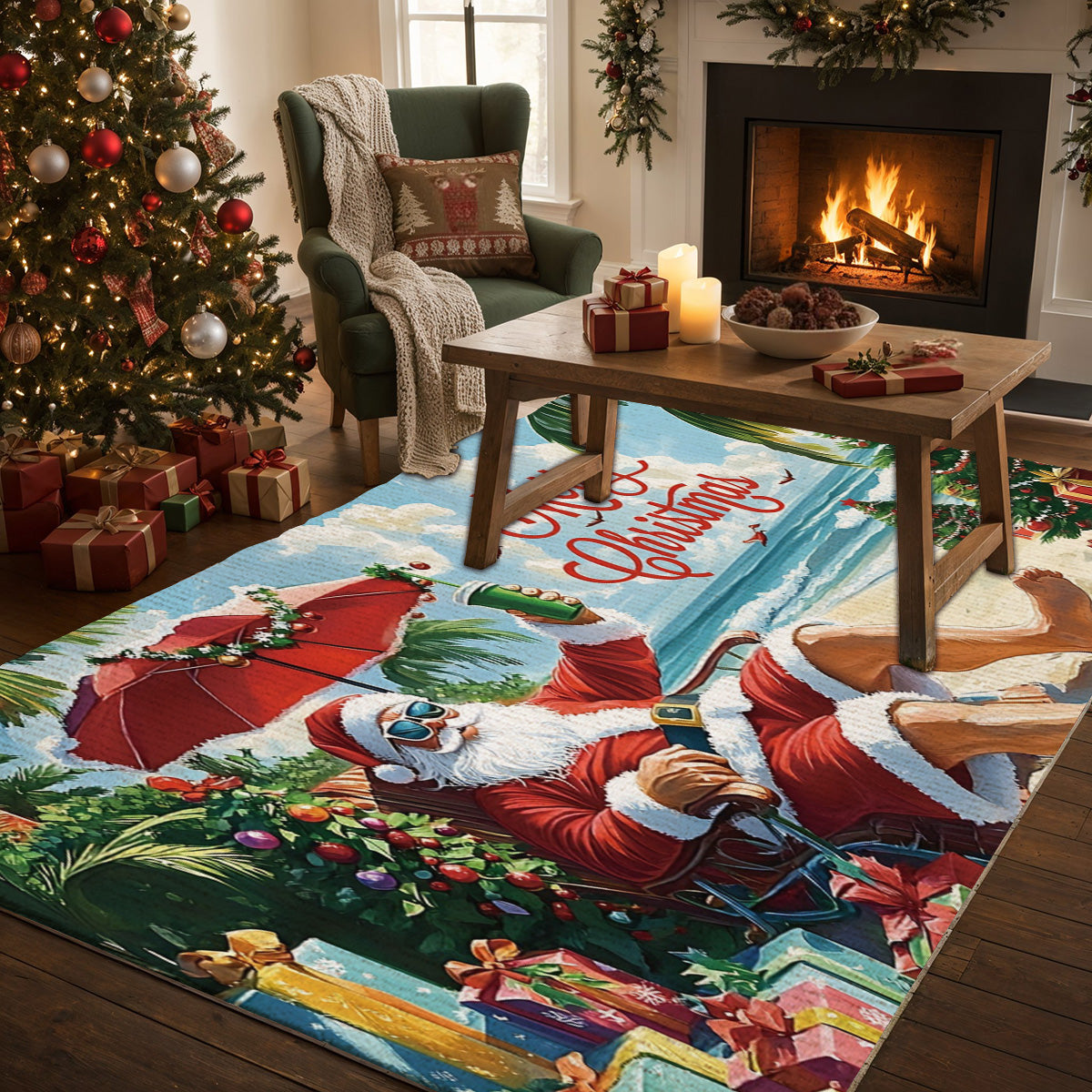 Lorva Christmas Area Rug Happy Santa On Beach