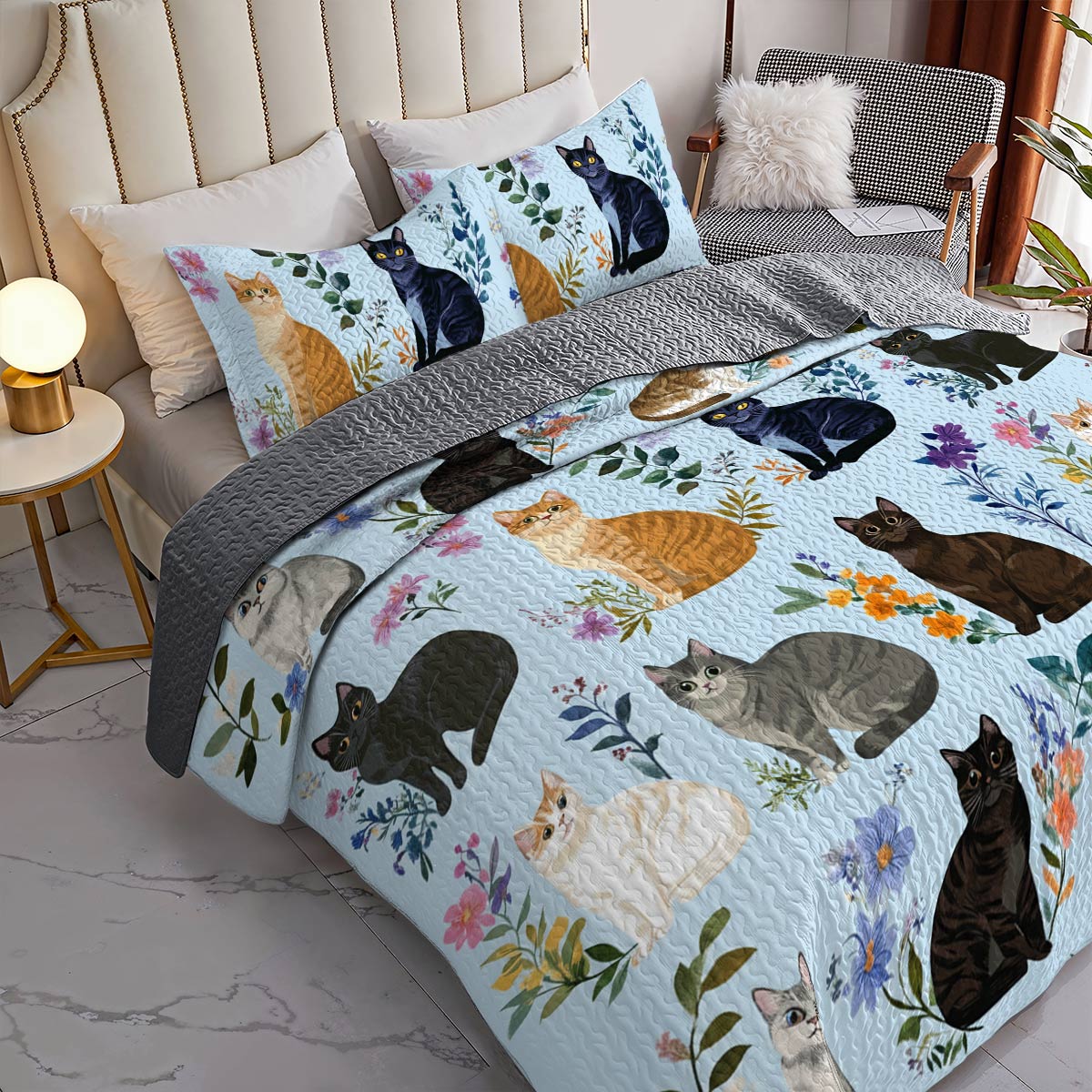Lorva All Season Quilt 3-Piece Set Beautiful Floral Cats