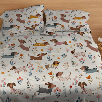 Lorva 4-Piece Bed Sheet Set Cute Floral Dachshunds