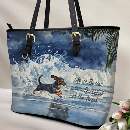 Lorva Dachshund Leather Tote Bag Waves & Wagging Tails