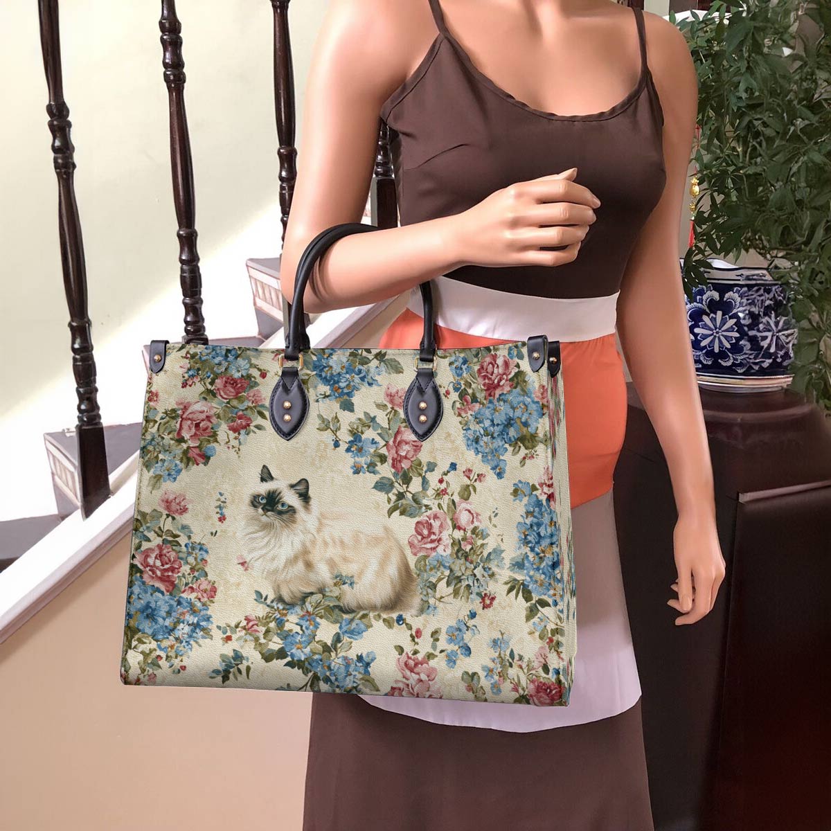 Lorva Cat Leather Bag Vintage Floral Cat
