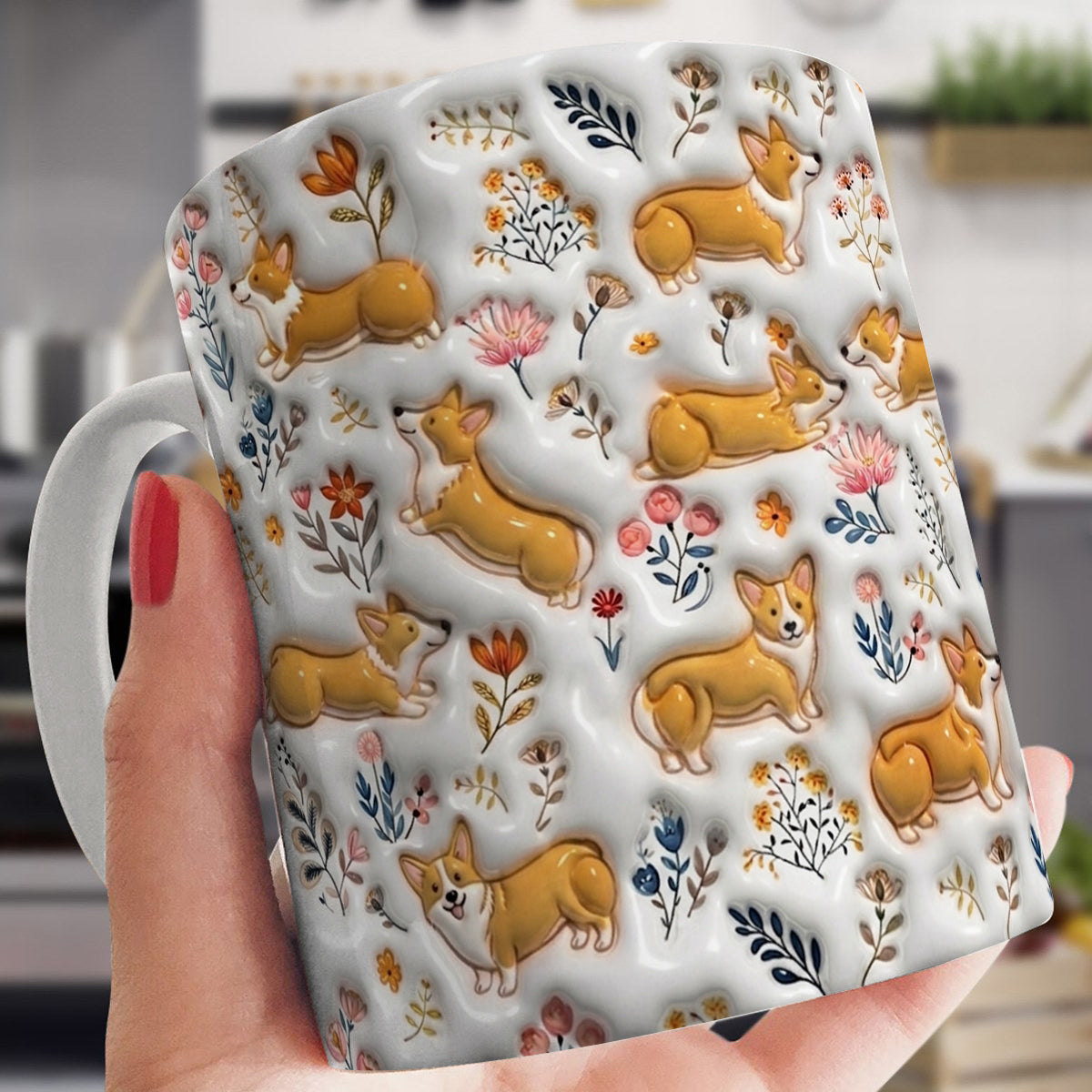 Lorva Corgi Flat Print Mug Cute Field Flowers