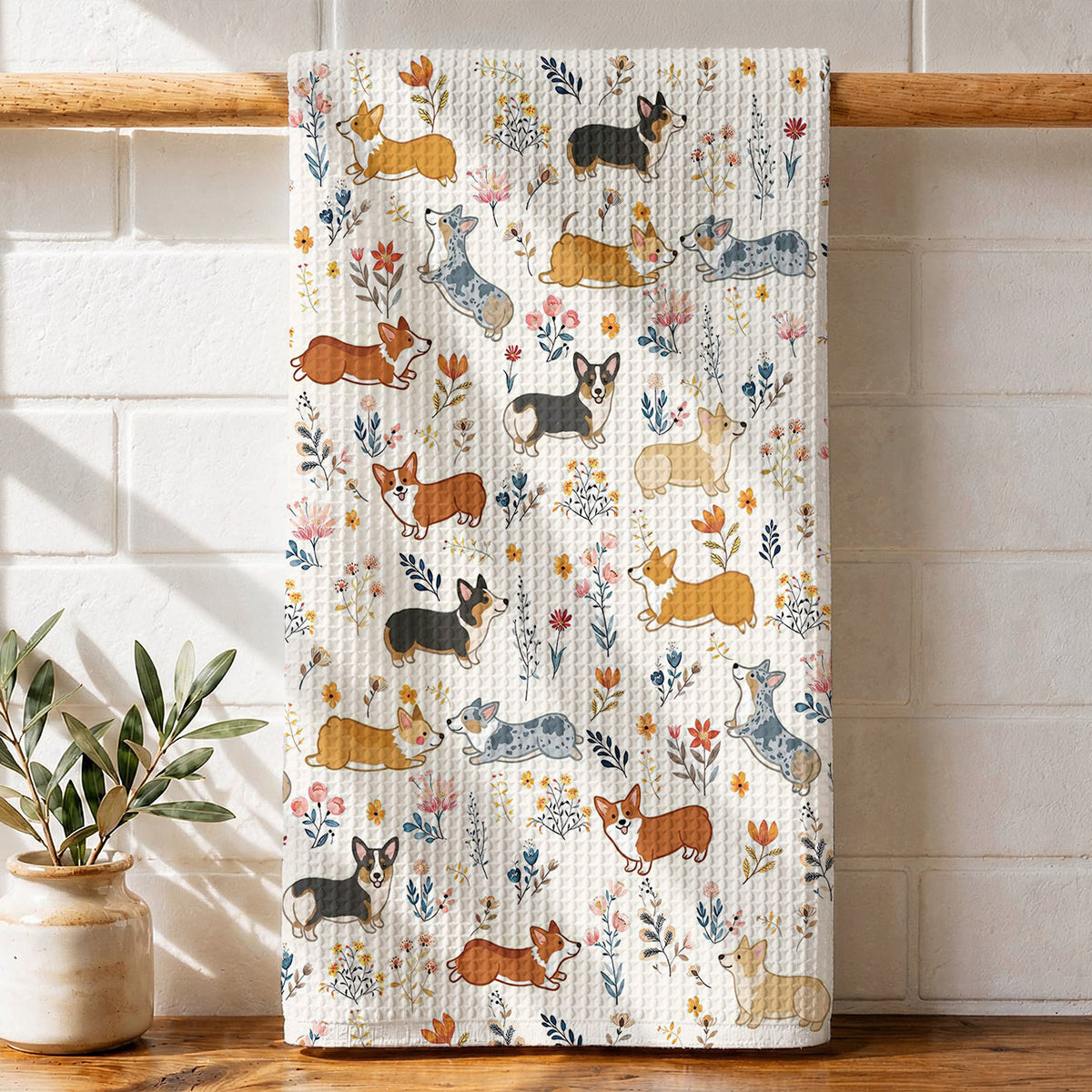 Lorva Corgi Kitchen Towel Happy Field Flowers