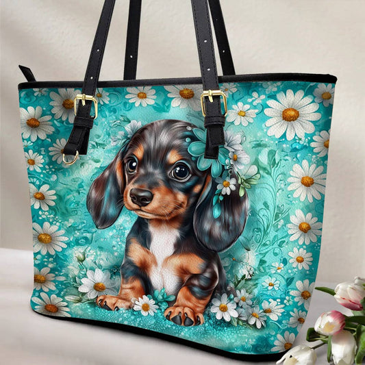 Lorva Dachshund Leather Tote Bag Daisy Doxie Delight