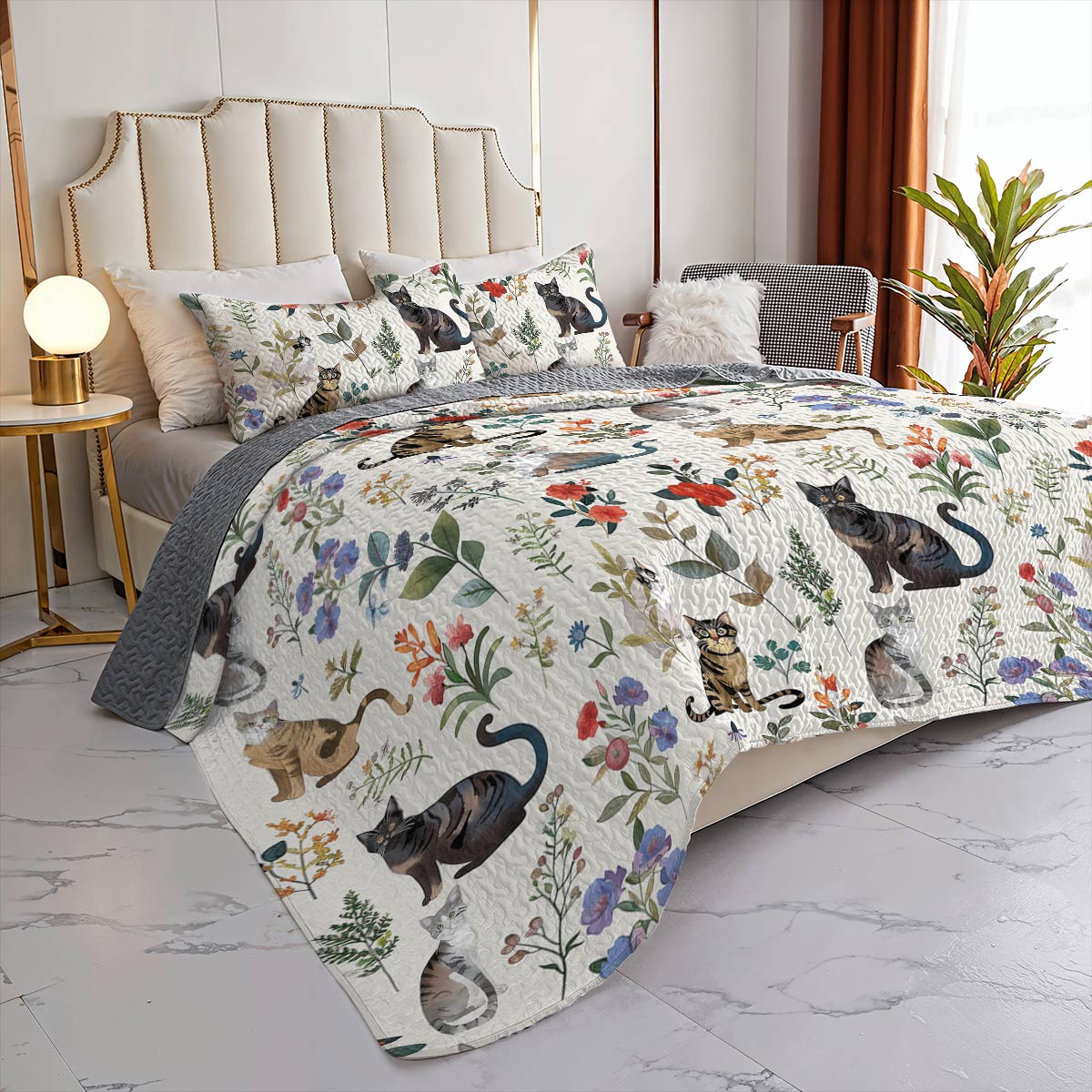 Lorva All Season Quilt 3-Piece Set Happy Floral Cats