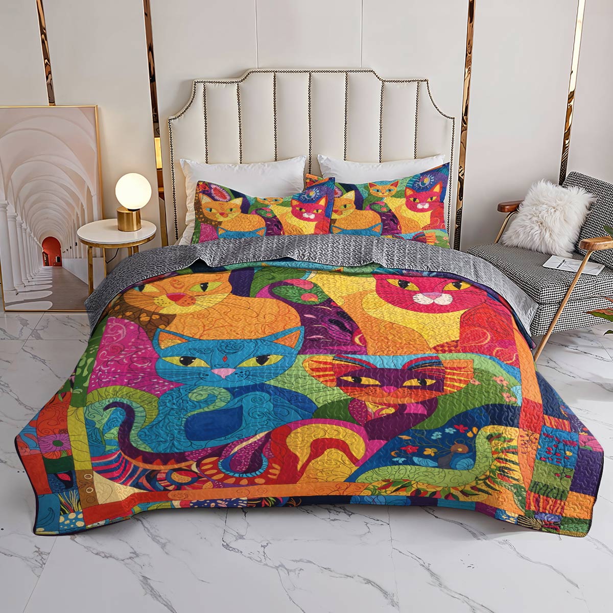 Lorva All Season Quilt 3-Piece Set Colorful Whimsical Cats