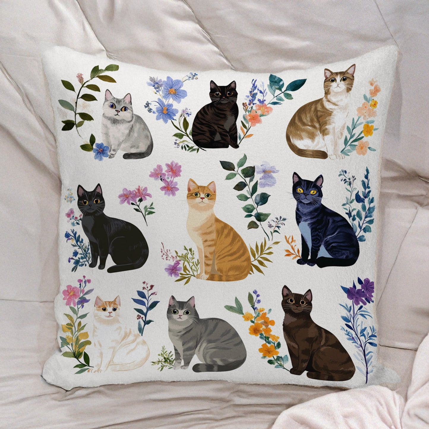 Lorva Cat Plush Pillow Case Charming Floral Cats