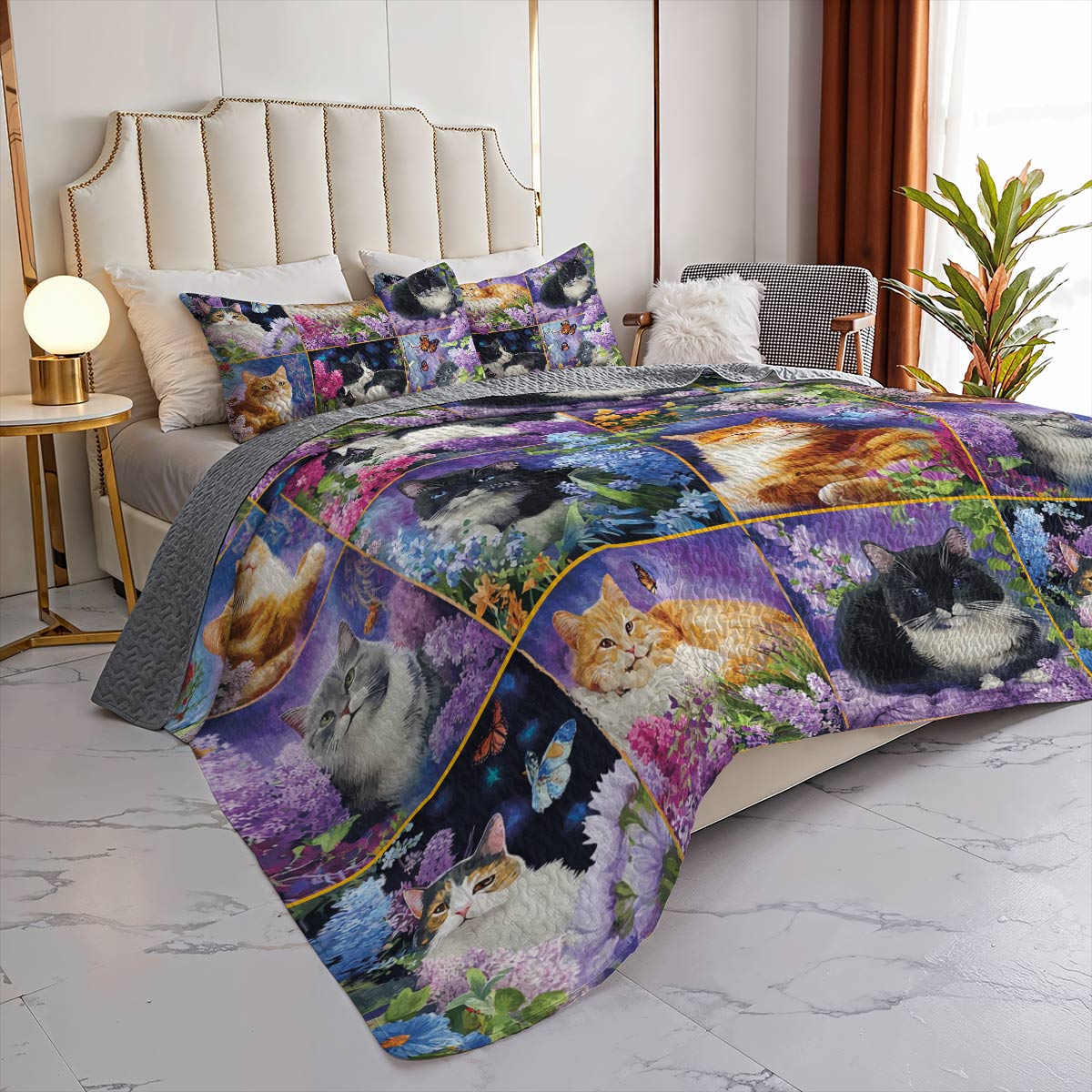 Lorva All Season Quilt 3-Piece Set Kittens With Flowers