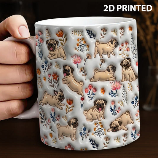 Lorva Pug Flat Print Mug  Happy Field Flowers