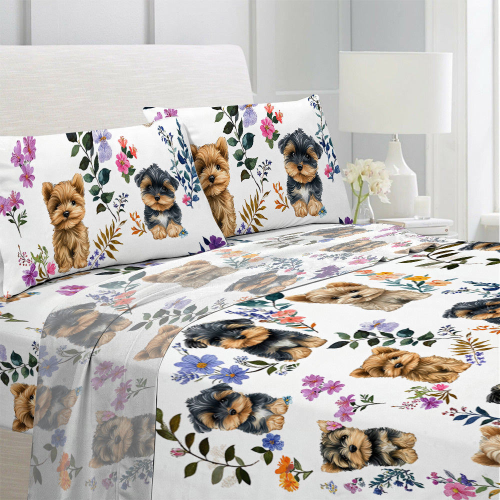 Lorva 4-Piece Bed Sheet Set Charming Floral Yorkies