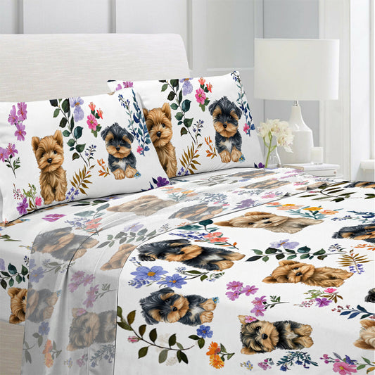 Lorva 4-Piece Bed Sheet Set Charming Floral Yorkies