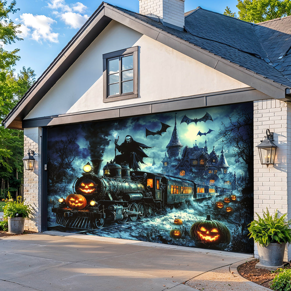 Lorva Halloween Garage Door Banner Decoration Grim Reaper Haunted Train