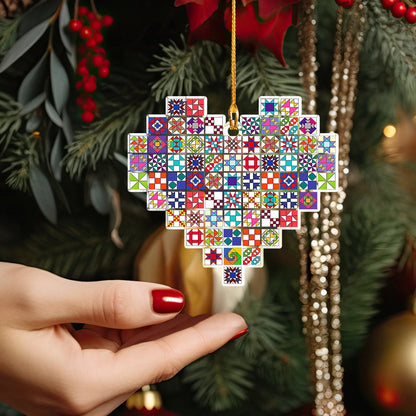 Lorva Quilting 2D Acrylic Ornament Heart Colorful Quilting Blocks