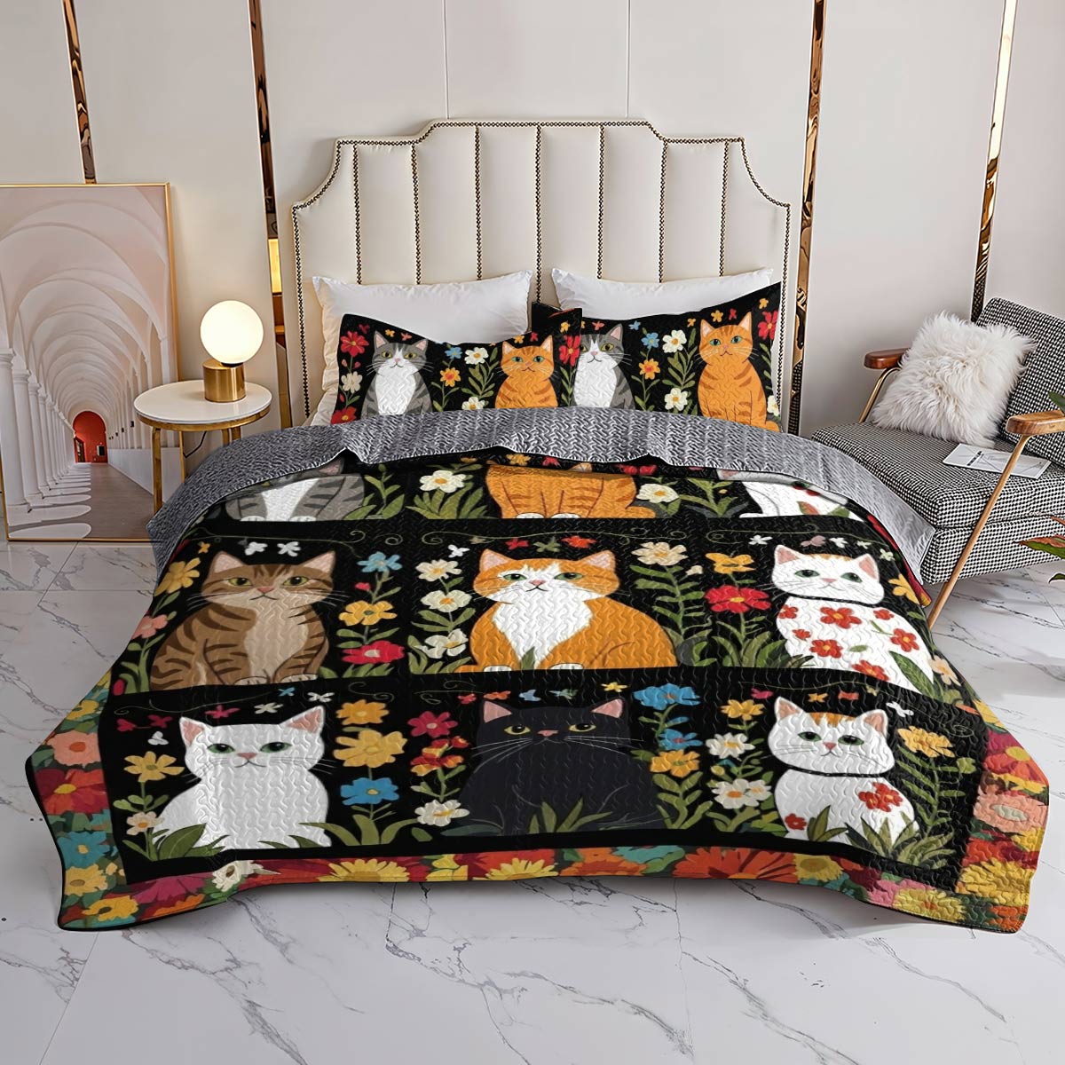Lorva All Season Quilt 3-Piece Set Charming Floral Kitten