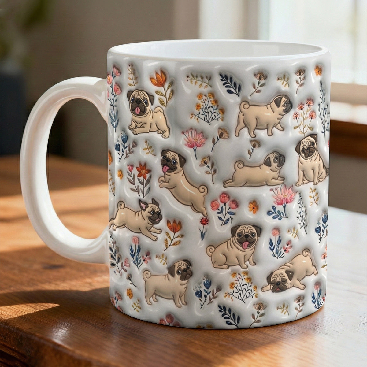 Lorva Pug Flat Print Mug Happy Field Flowers