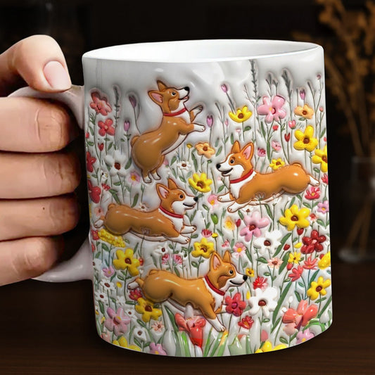 Lorva  Flat Print Mug Puffy Cute Corgi In Flower Garden
