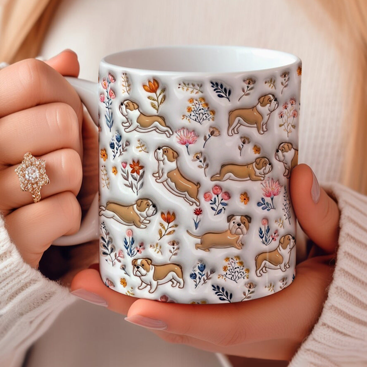 Lorva English Bulldog Flat Print Mug Happy Field Flowers