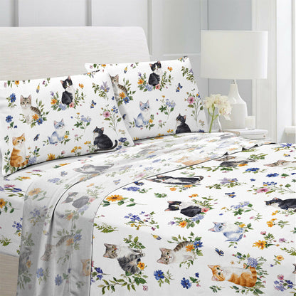 Lorva 4-Piece Bed Sheet Set Sweet Floral Cats