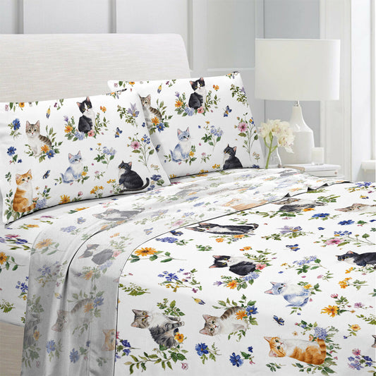 Lorva 4-Piece Bed Sheet Set Sweet Floral Cats