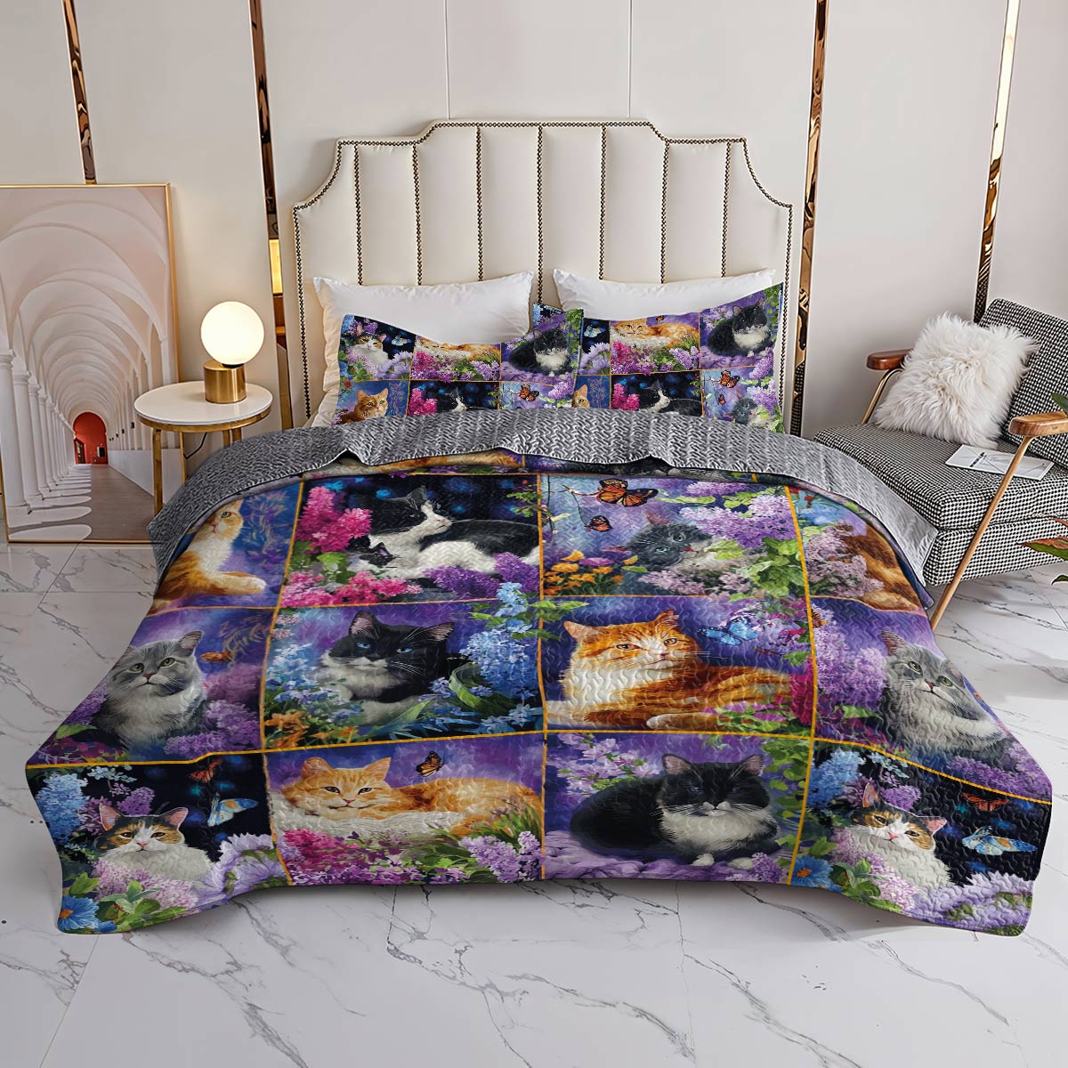 Lorva All Season Quilt 3-Piece Set Kittens With Flowers