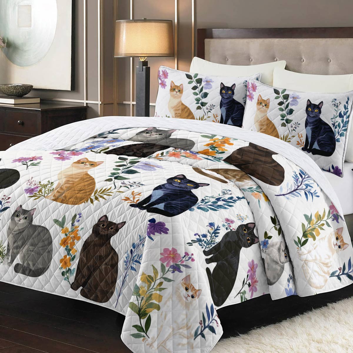 Lorva Quilt Set Charming Floral Cats