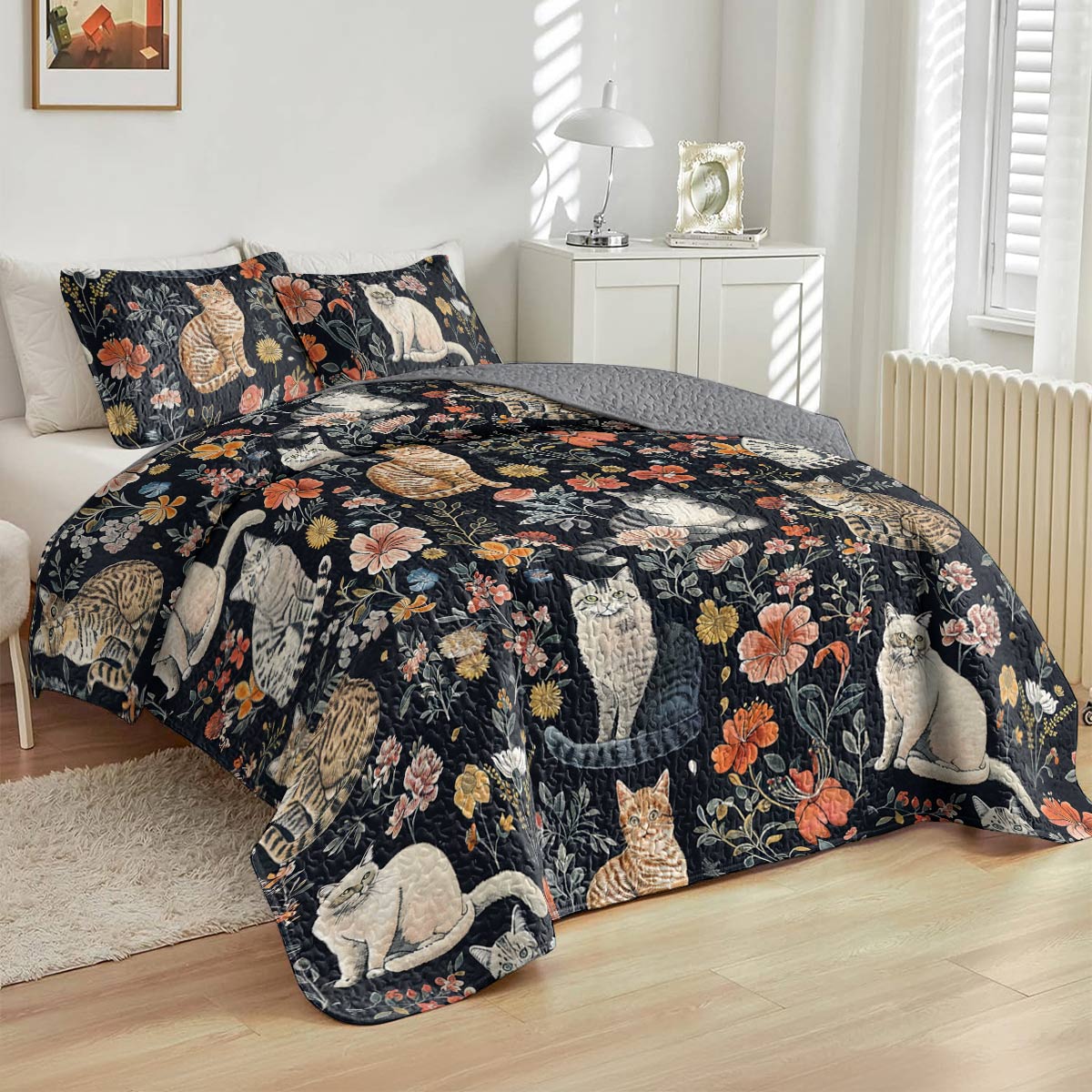 Lorva Cat All Season Quilt 3-Piece Set Vintage Floral Cats